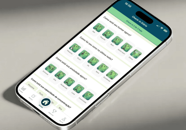 App mobile BeAlive App - Tela de check-in diário para pacientes monitorarem saúde mental